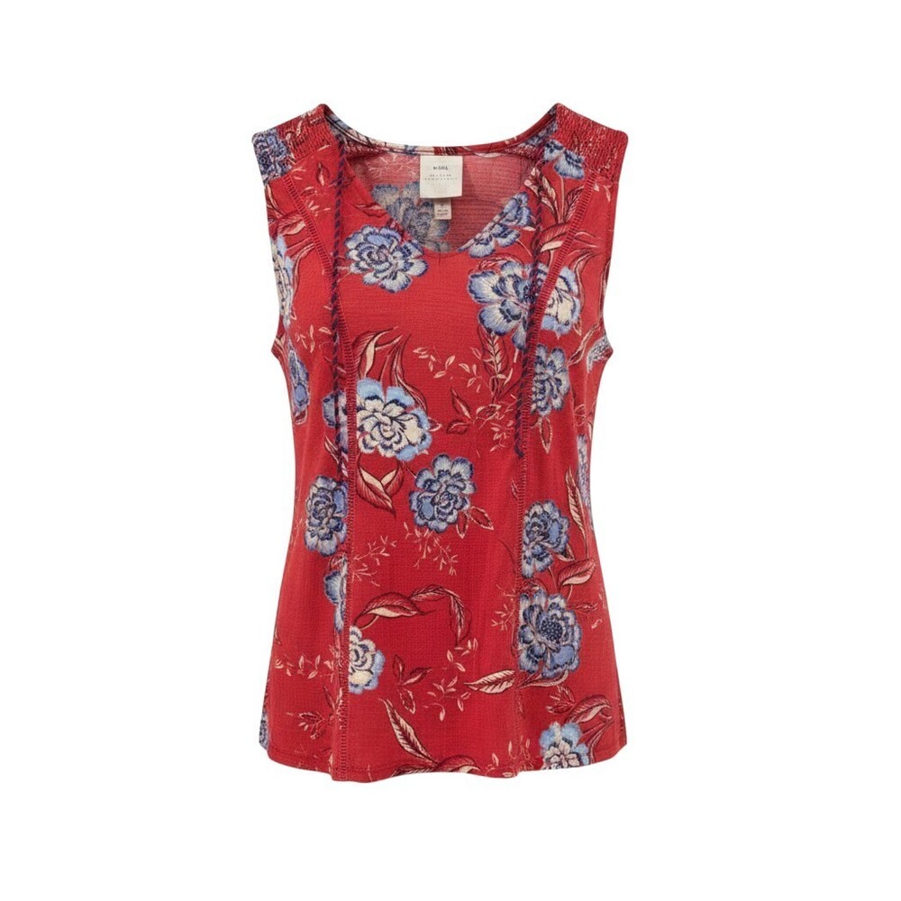 Knox Rose Sleeveless Top M Red Floral Boho Ladder Stitch Rayon EUC